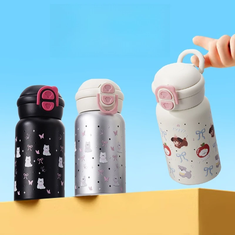 

500ML Cute Thermos Coffee Cup Double Drinking Straw Stainless Steel Water Bottle Leakproof Flask Vacuum Insulated Drink Cup Gift