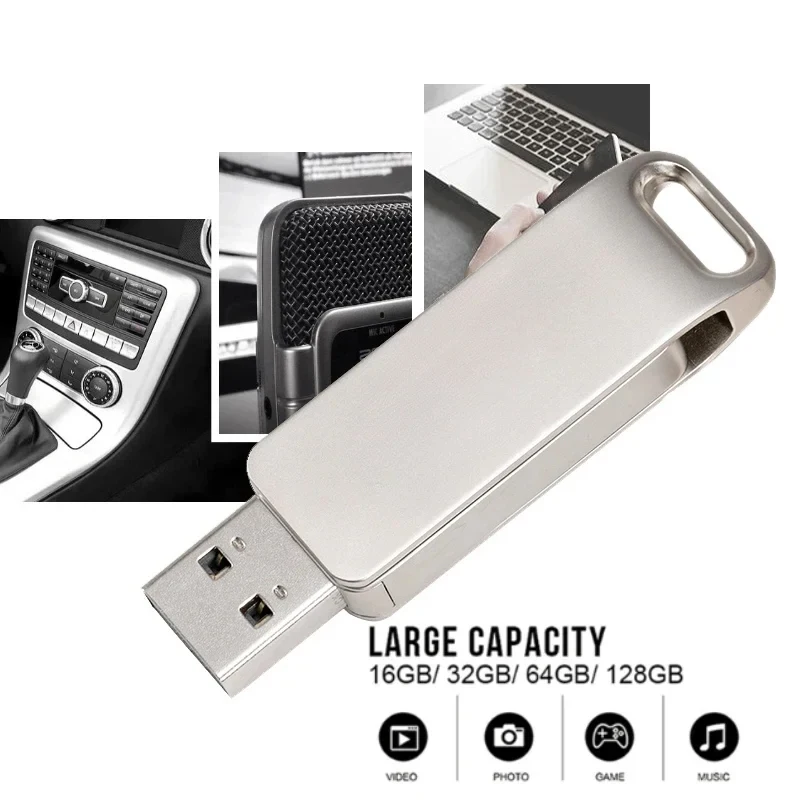 Pen Drive Metal USB Flash Drive Rotatable Memory Stick 128GB 64GB Silver USB Stick Creative Business Gift For Computer Pendrive