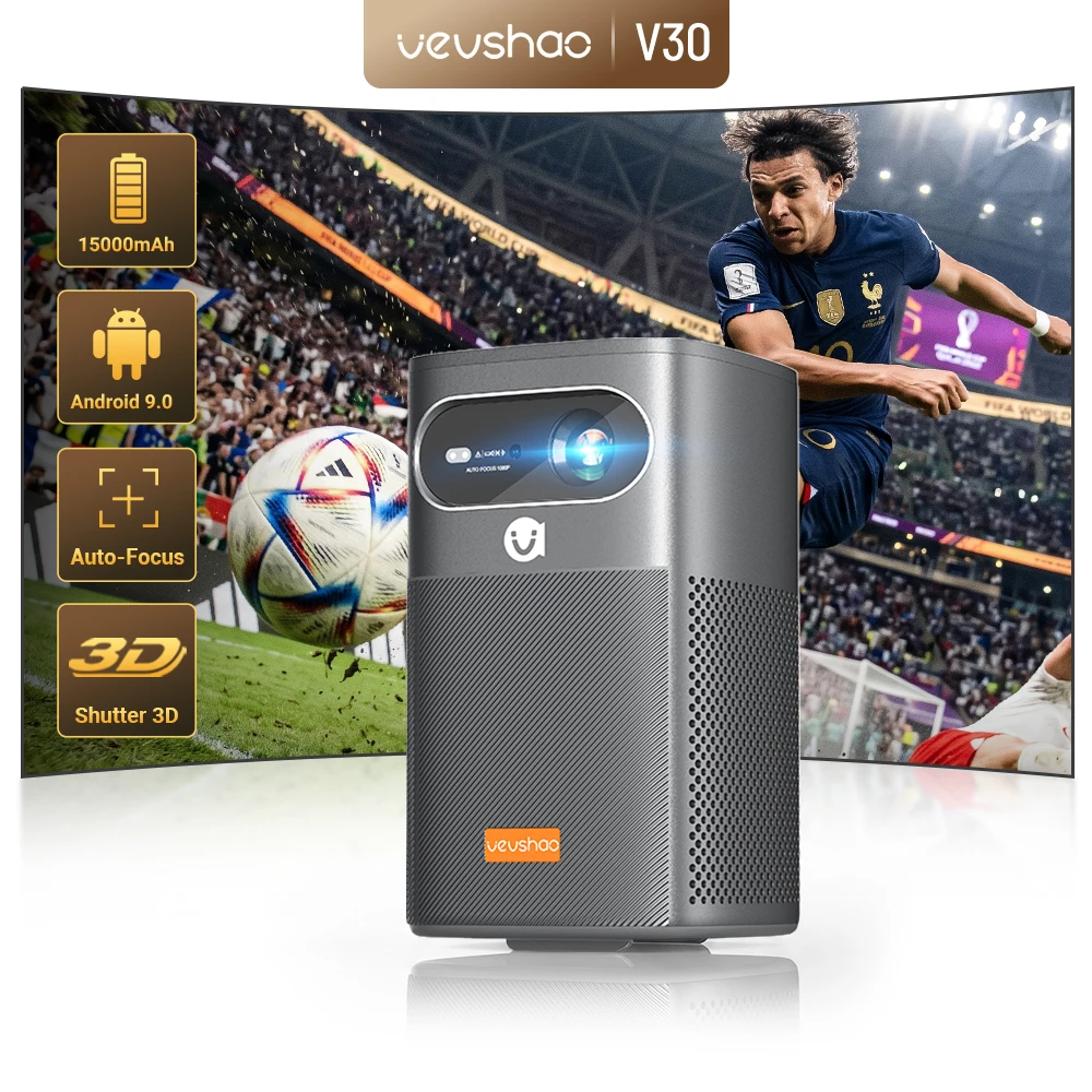 VEVSHAO V30 400ANSI DLP Projector Android 9.0 TOF Focus 3D Dual-band WiFi Bluetooth 5.0 15000mAh Battery Home Theater
