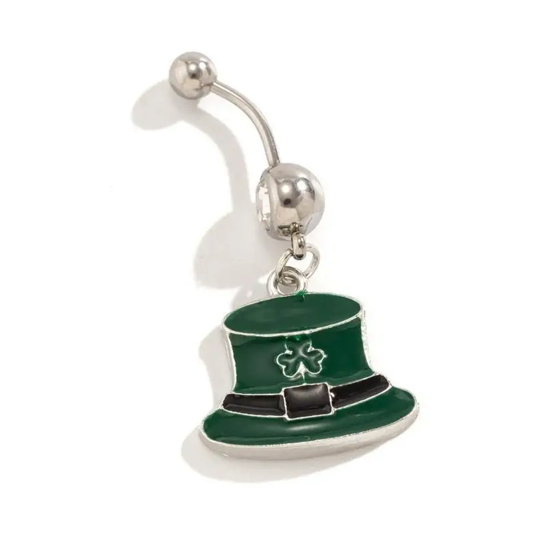

39BB Body Piercing Jewelry Green Hat Dangle Belly Button Rings Three Leaf Clovers Navel Rings for Party Festival Vacations