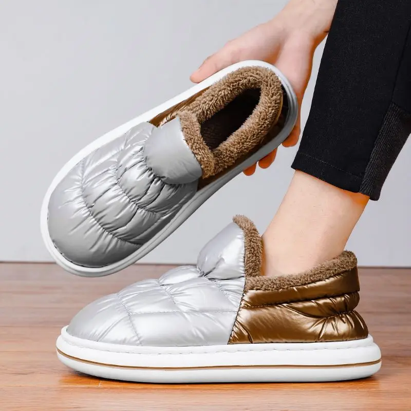 

2025 Winter Men's Snow Slippers Fleece Lined Thickened Non Slip Warmth Cotton Slippers for Home Outdoor Comfortable Footwear