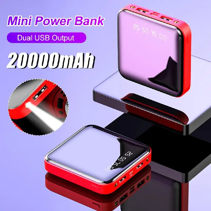 NEWPortable 20000mAh  Power Bank with LED Flashlight Dual USB Digital Display Mirror Mini External Battery Pack Travel Camping