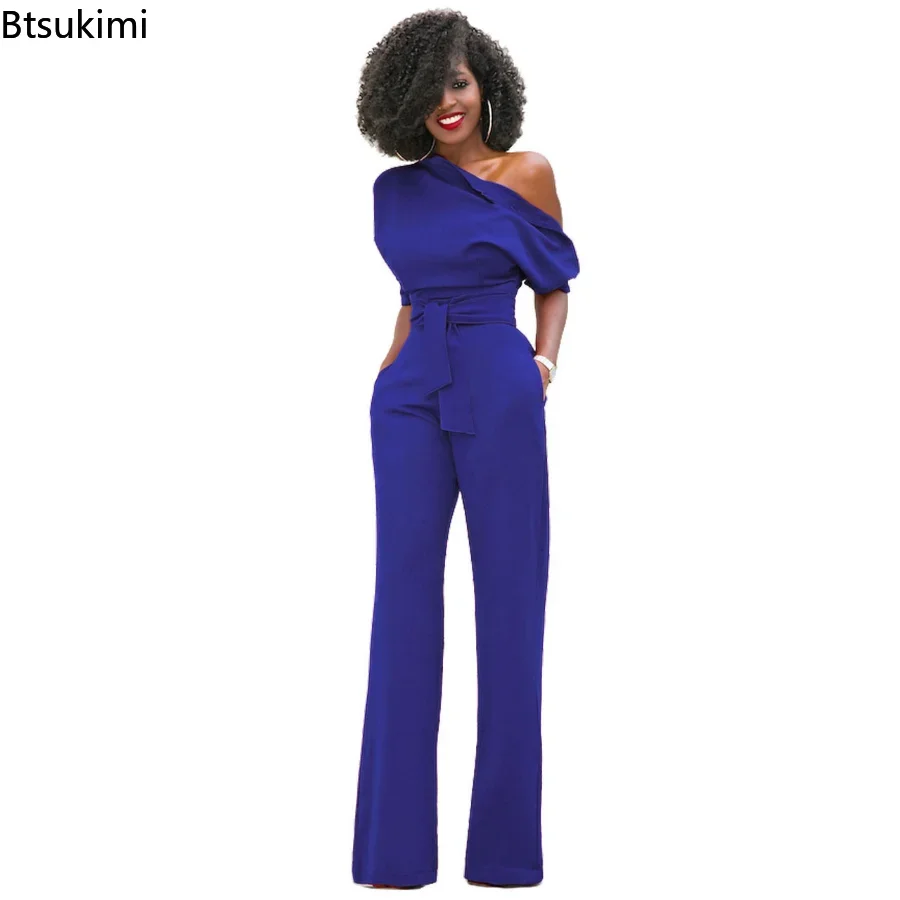 2024 Spring Autumn Casual Jumpsuit Women Elegant One Shoulder Slash Neck Romper Overalls Full Length Jumpsuit Wide Legs Jumpsuit