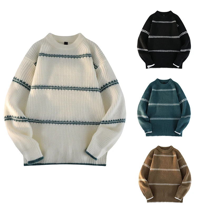 Men's Autumn Winter High Street Round Neck Striped Knitted Pullovers Sweater High Quality Vintage Slim Fit Unisex Streetwear