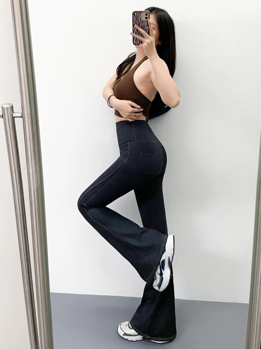 High Waist Yoga Pants Bell Bot Slim Fit Spor Faux Denim Abdomen Control Thin Extended Length Casual Trousers for Women