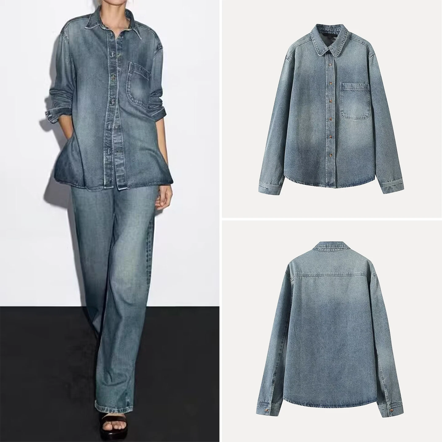 

Casual Denim Long Sve irt for Women Autumn 2025 Faionable Independent Personali Youth Flip Collar No Special Function