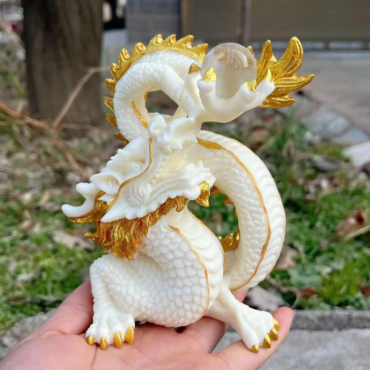 

Tagua Nut gold plated Dragon Sculpture Animal Lifelike Statue, Feng Shui Dragon Statue gift Collection Figurine Wealth Home Art