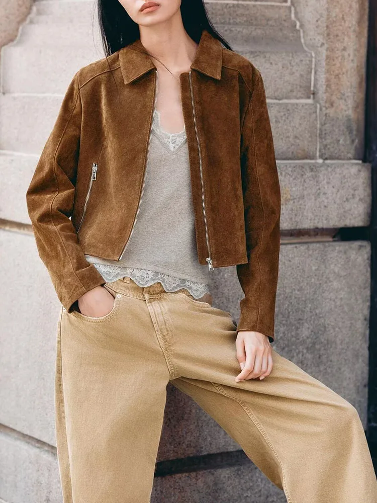 Faionable ort Leather Jaet Coat for Women Turn-down Collar Zipper New Arrival Autumn 2025 Ethnic Stage Costume