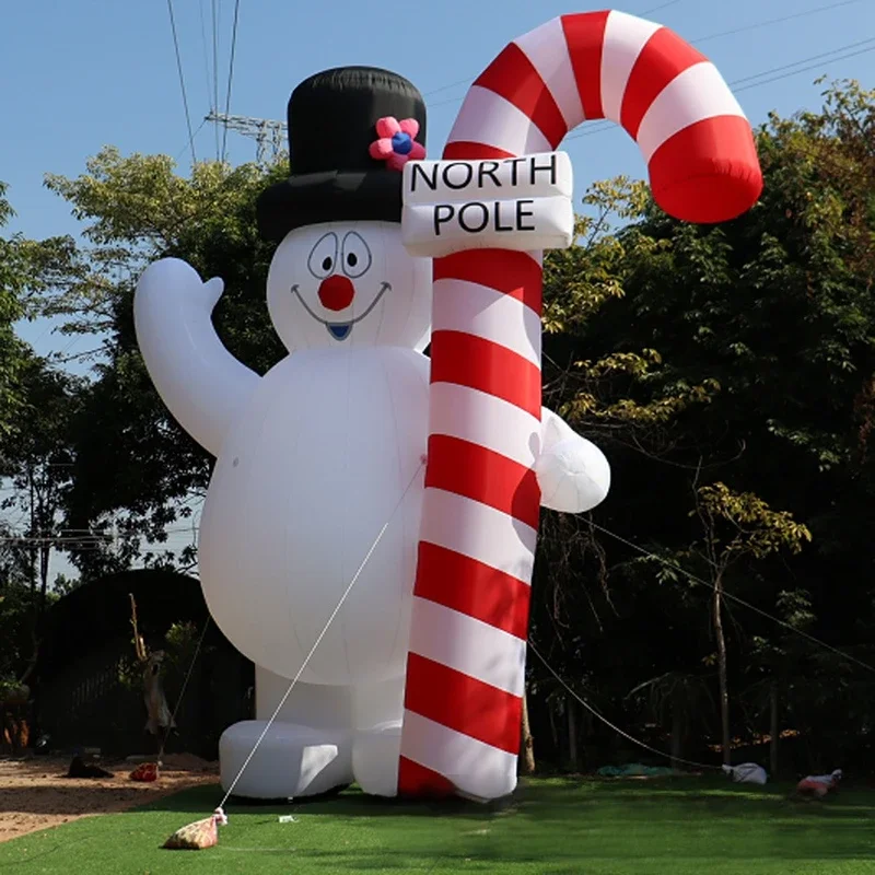 Frosty Outdoor Giant Inflatable Snowman With Candy Cane Blow Up Large Lighted Snowman Cartoon Balloon For Christmas Decoration