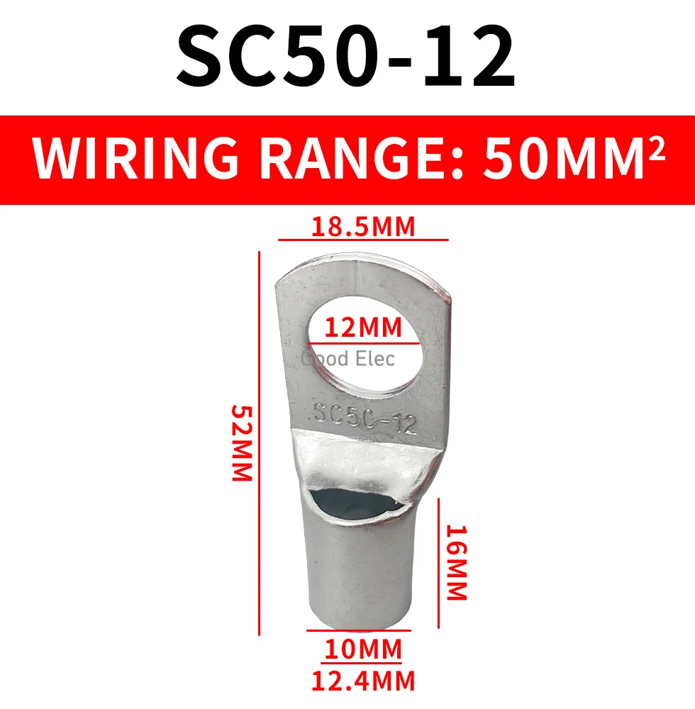 10PCS SC50-6 SC50-8 SC50-10 SC50-12 Tin Plated Copper  Bolt Hole 50mm² Cable Wire Cable Lug Battery Connector Crimp Terminal