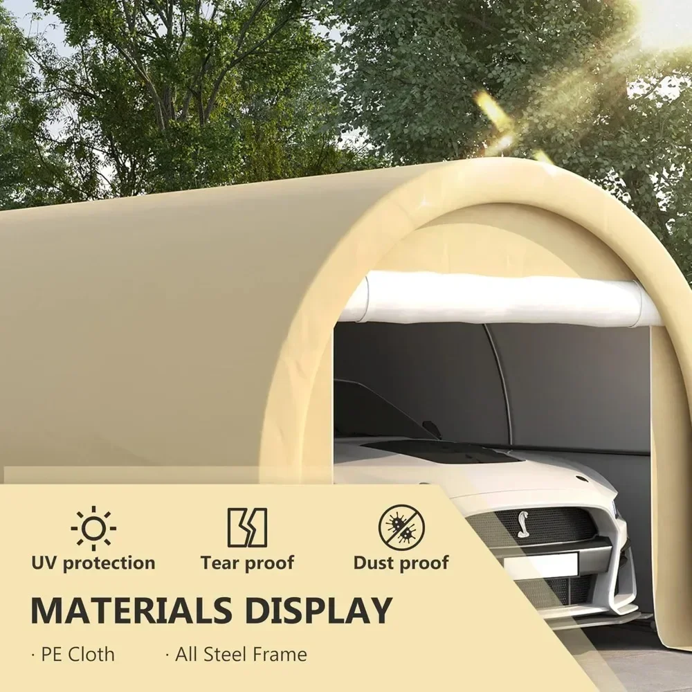 Carport, 10' x 16' Heavy Duty Portable Garage Storage Tent with Large Zipper Door, UV Resistant PE Awning, Beige Carport