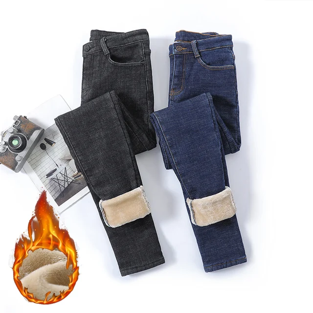 Kobiety Thermal Jeans Girls Winter Snow Warm Plush Stretch Jeans Lady Skinny Thicken Denim Pants Plus Fleece Mom Slim Fit Trousers