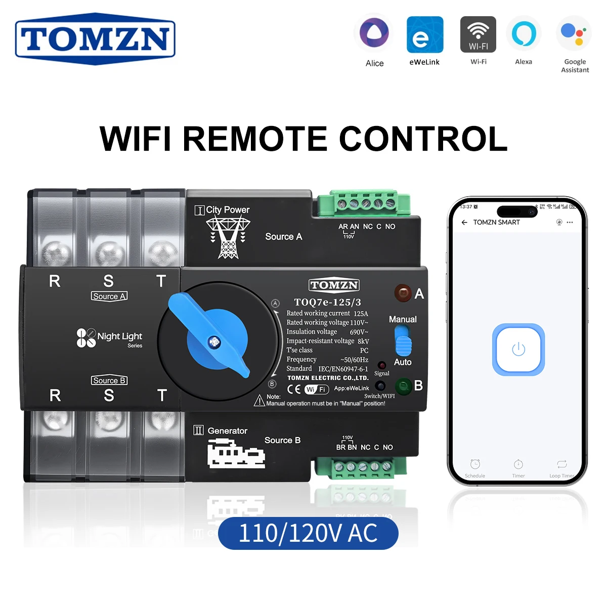 TOMZN 110V 120V Three Phase WIFI Smart ATS Dual Power Automatic Transfer Selector Switch Uninterrupted 3P 125A EWeLink Din Rail