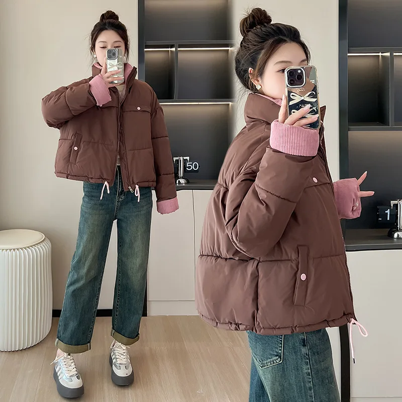 Women Parkas Overcoat Short Coat Long Sleeve Turn Down Collar Zipper Straight Solid Thick Loose Office Lady Casual 2025 Winter