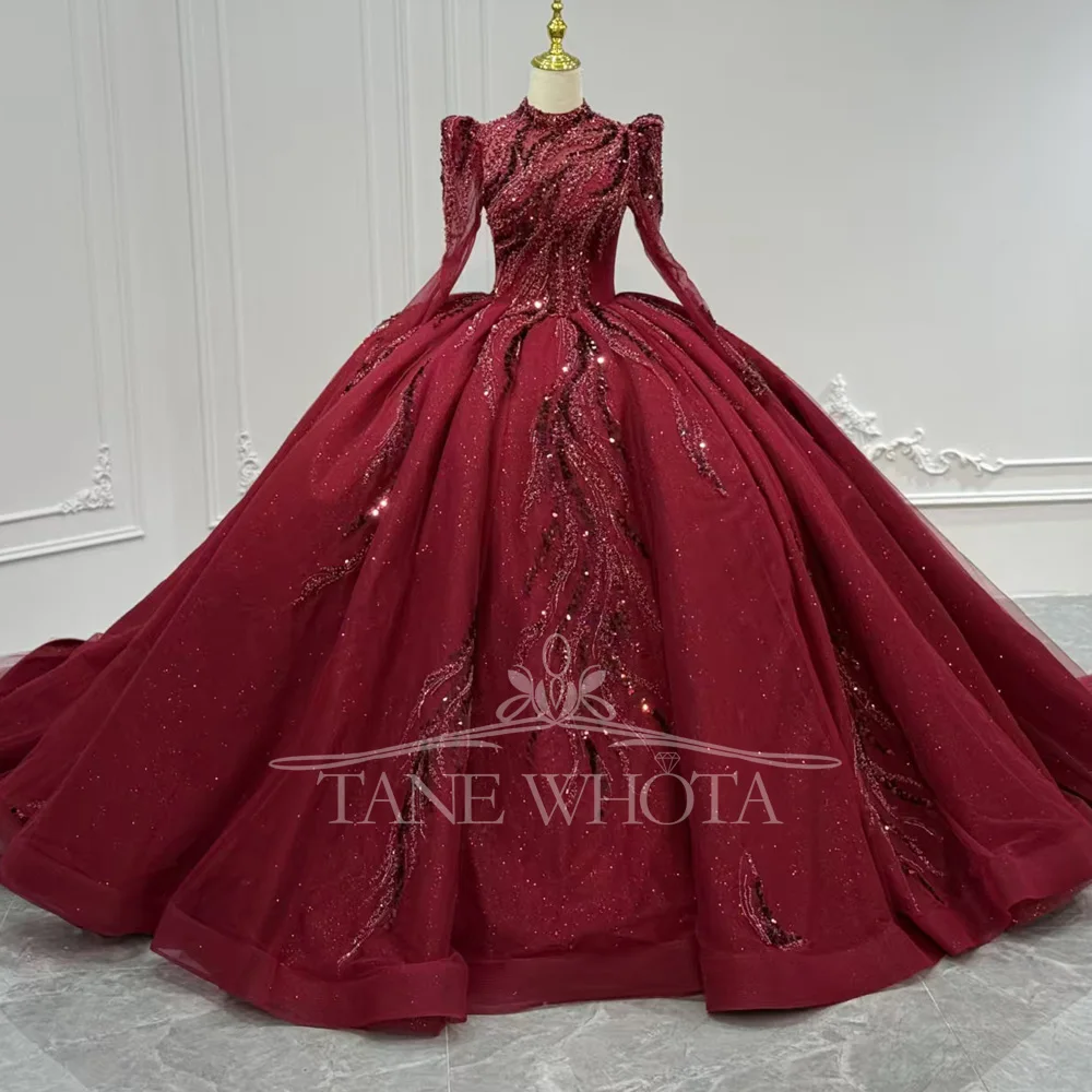 

Customizable Red Evening Gown High Long Sleeves Lace-Up Keyhole Back Sequined Beading Robe Soirée Luxe 2025 Style For Women