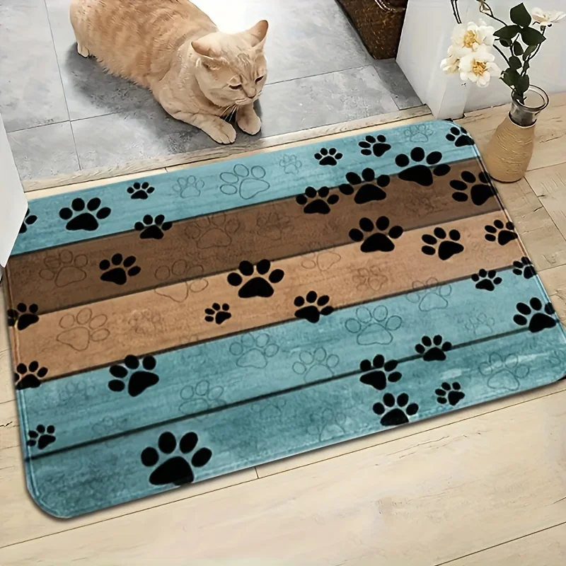 Pet Friendly Flannel Floor Mat Non Slip Washable Wooden Plank Paw Print Soft Rug for Entryway Indoor Pet Area Home Decor