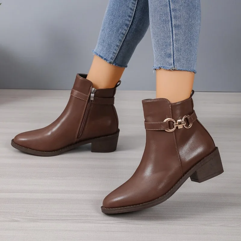 

Women's Soft Leather Boots Winter Womens Snow Rhinestone Ankle Bootie Fashion Thick Heels Women Cotton Shoes Non-slip Boots