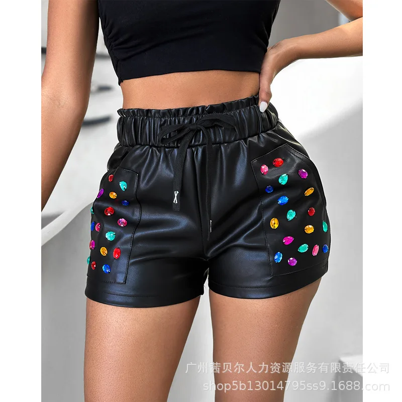 2024 Summer Spring New Women's Closing Color Rhinestone Pu Drawstring Elastic Waist Shorts Pants Sexy Fashion Shorts