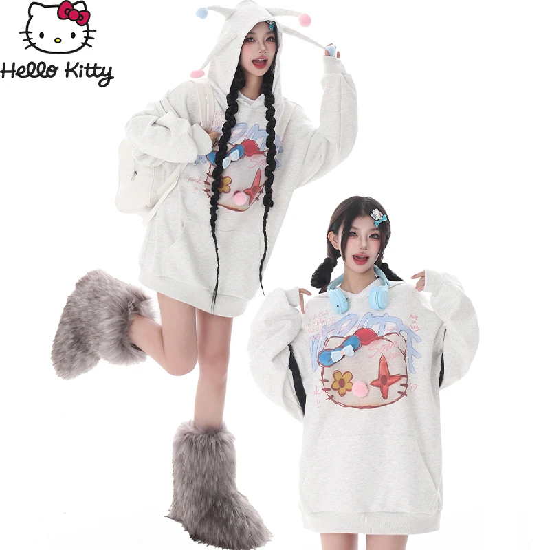 Hello Kitty Y2K Hooded Pullover Kawaii Sanrio Kt Cotton Sweatshirt Anime Cartoon Autumn Oversize Casual Loose Vintage Streetwear