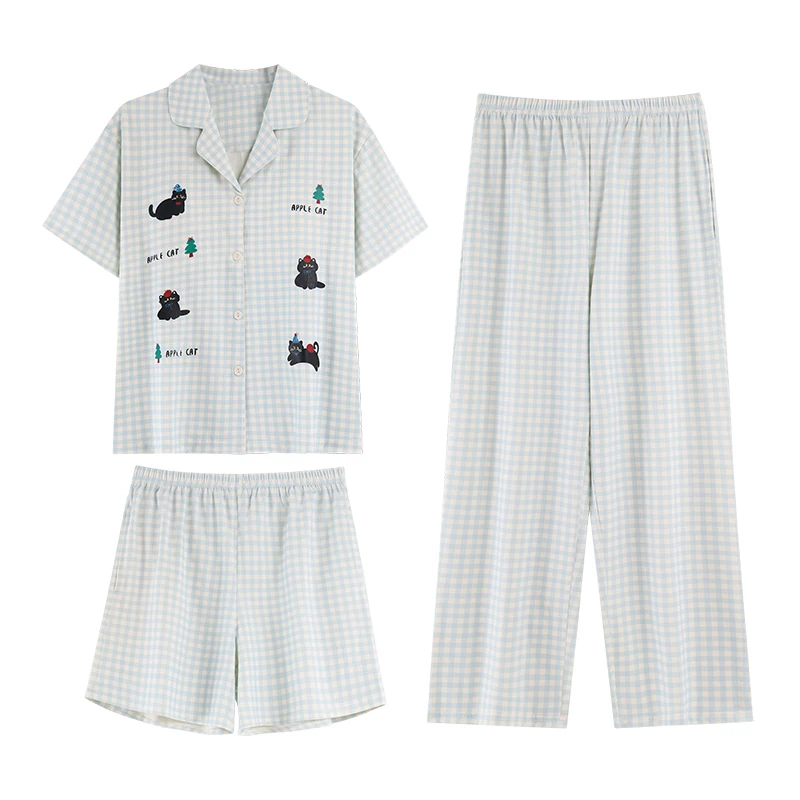 

3 Pieces Set Summer Women Turn-down Collar Pajama Set With Chest Pad Female Knited Cotton Pyjamas