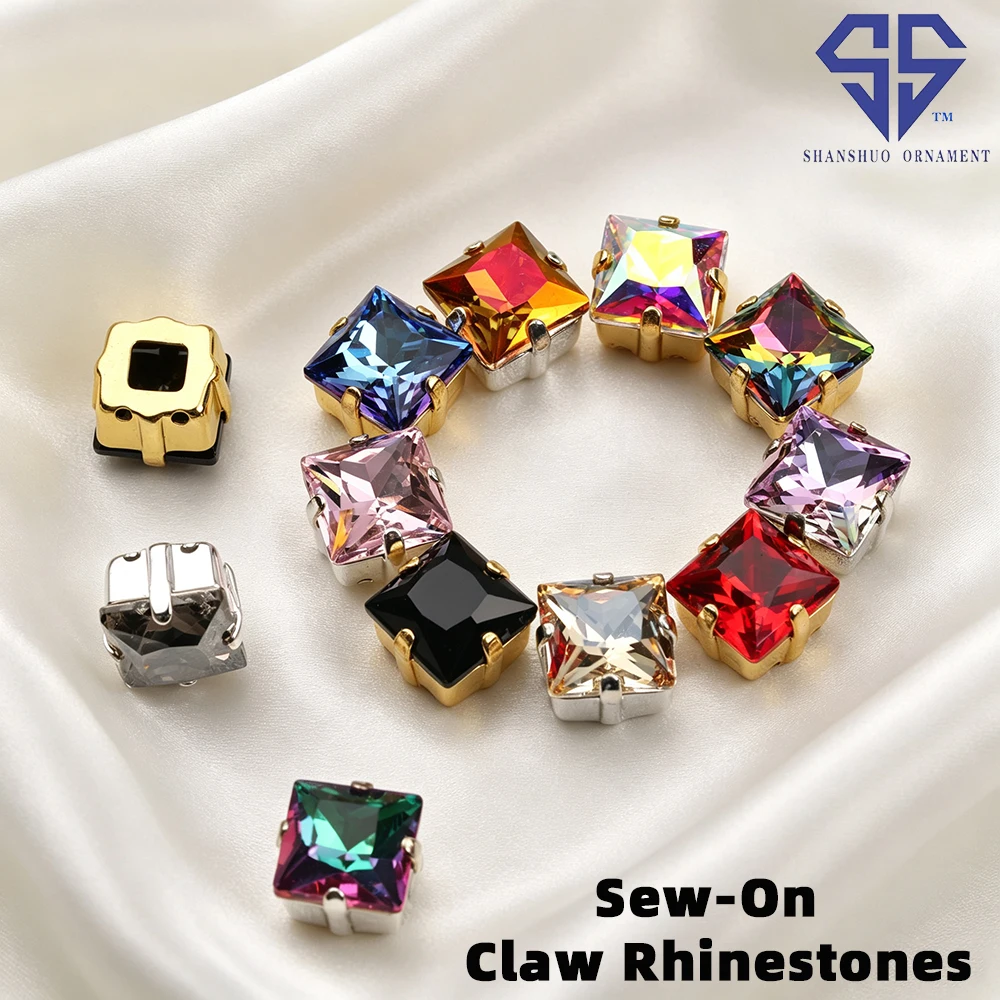 SS Square Glass Crystal Rhinestones Gold Silver Claw Setting Hand Sew-On Charms Sparkly DIY Supplies For Bags Dresses Shoes