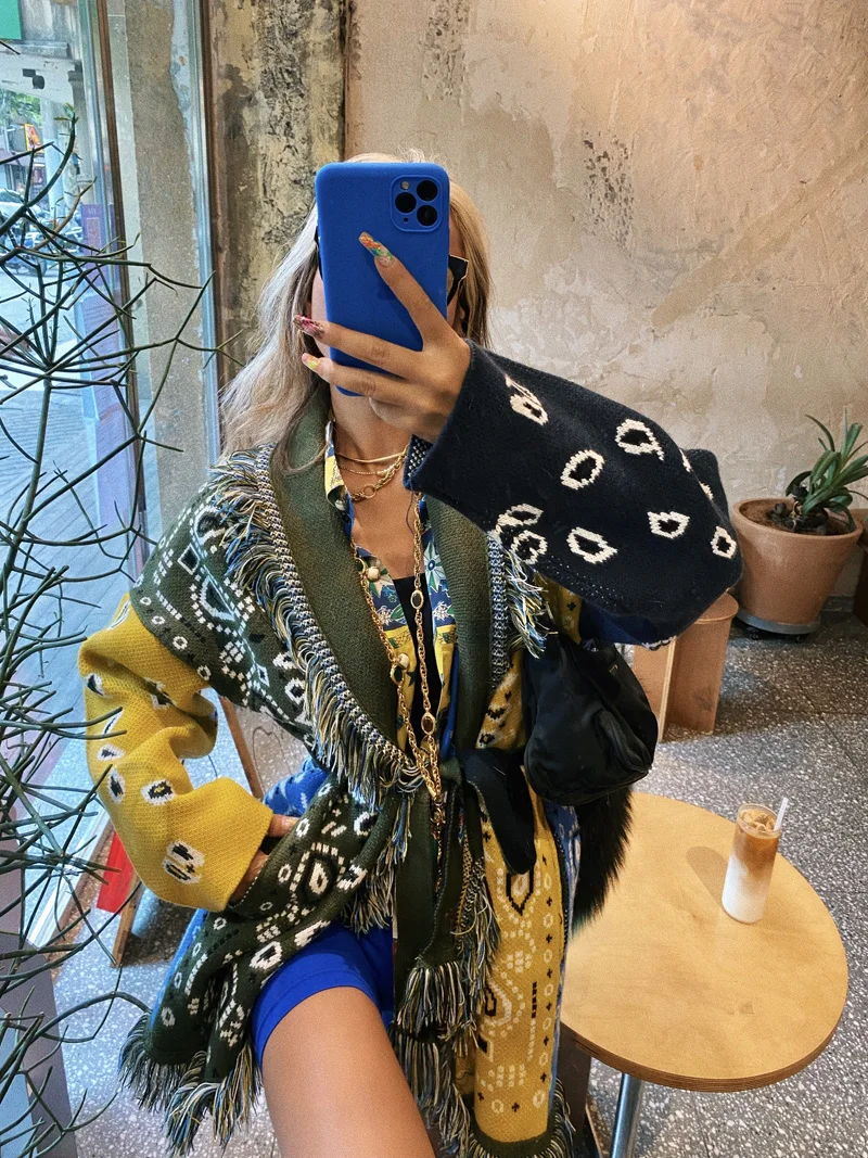 

Horasora Wool Sweater Coat Long Loose Tassel Spliced Color Street Sle Warmth Fall Season Single Button Long Sve Printed