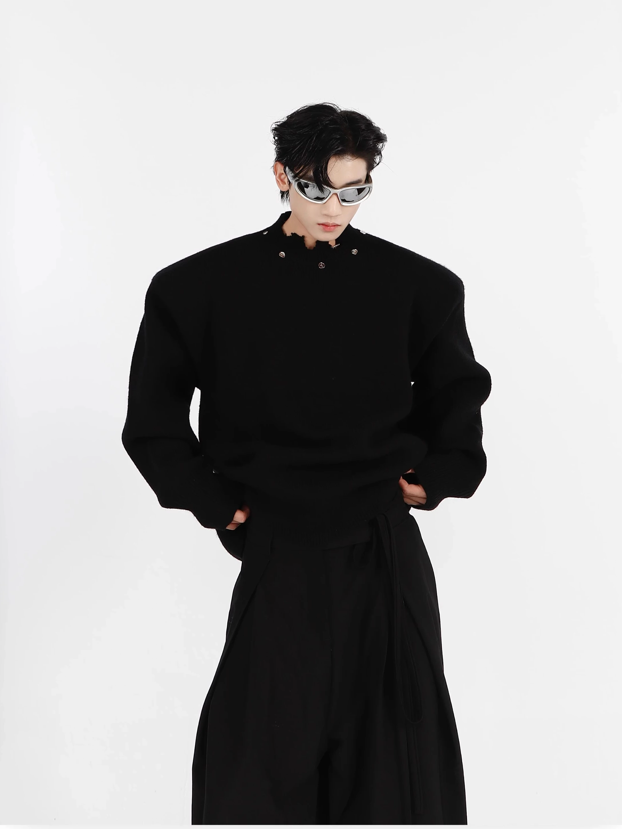 

Metallic Destruction Design Sweater Long Sve ex Winter Top Simple High-End oulder Pad Knittedwear Youth Faion