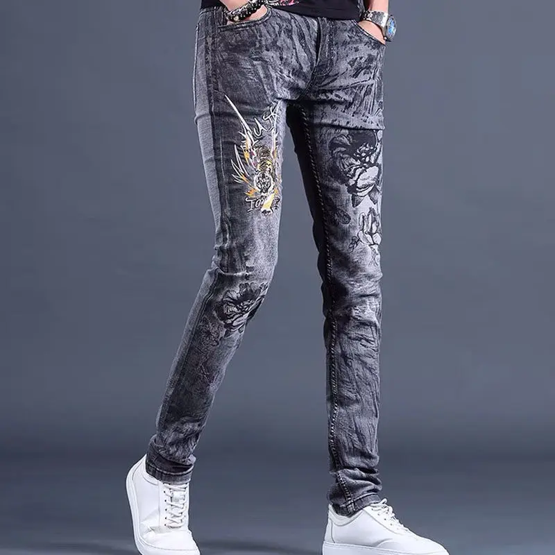 Men\'s Clothing Spring and Summer Jeans Trendy Brand Embroidered Slim-fit Casual Elastic Thin Straight Trousers