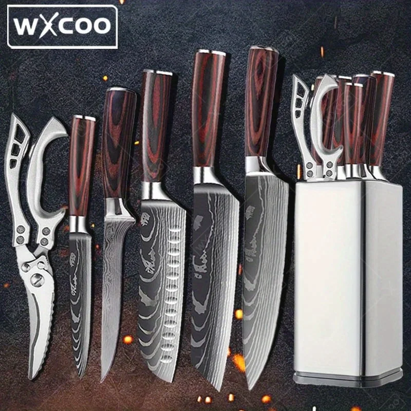 

7 Pcs,Kitchen Chef Knife Set,Slicer Santoku Knife Boning Knife Stainless Steel Knife Holder Kitchen Scissors Chicken Duck Cutter