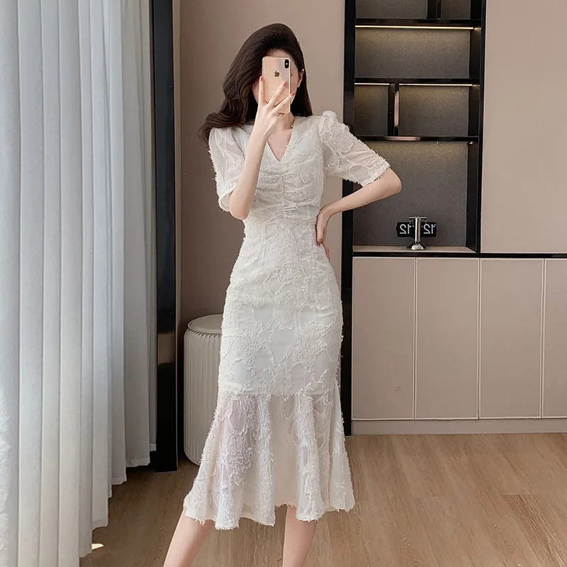 

New Luxury Summer Lace Dress Women Lace Temperament V-neck Short Sleeve Slim Fishtail Dresses Elegant Fashion Vestidos Robe