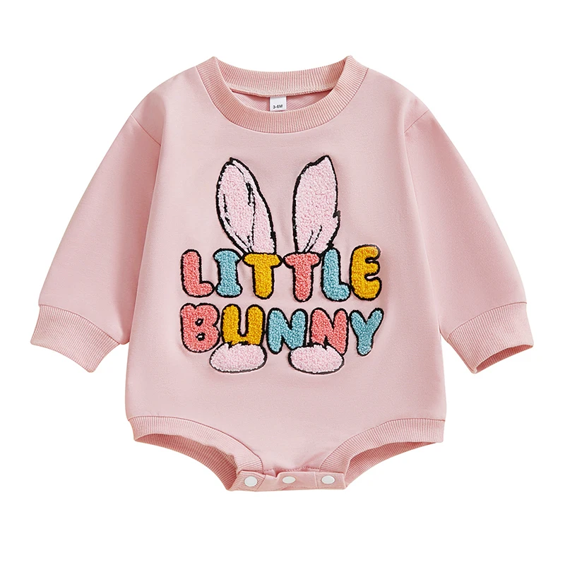 Baby Girl Easter Sweatshirt Romper Bunny Letter Embroidered Long Sleeve Round Neck Adorable Spring Jumpsuits