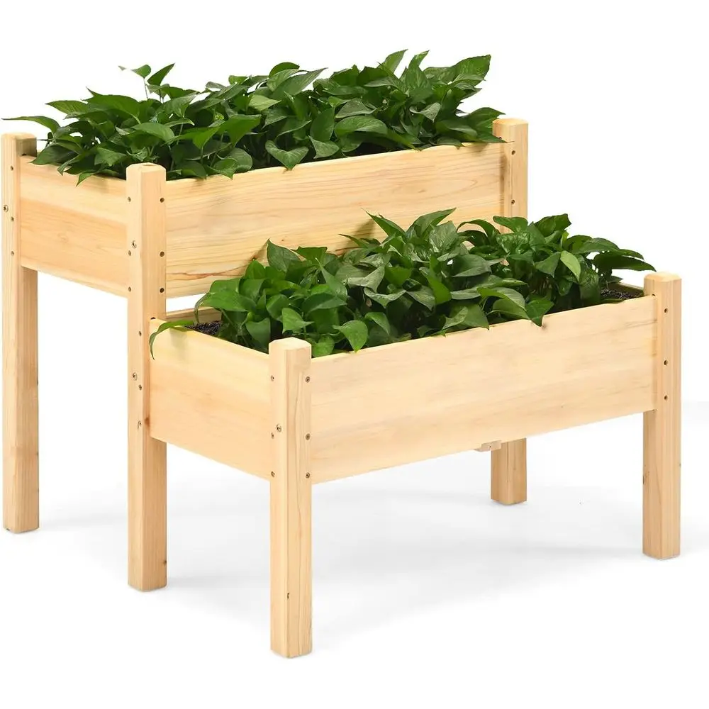 

2-Tier Wooden Elevated Garden Planter Box with Legs, 8 Drainage Holes, Suitable for Vegetables and Outdoor Spaces