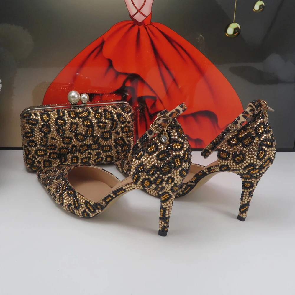 

Fashion Pointed Toe leopard Bridal Shoes Wedding Summer Sandals Woman Ankle Strap Buckle Evening Party Shoes Bag Thin Heel