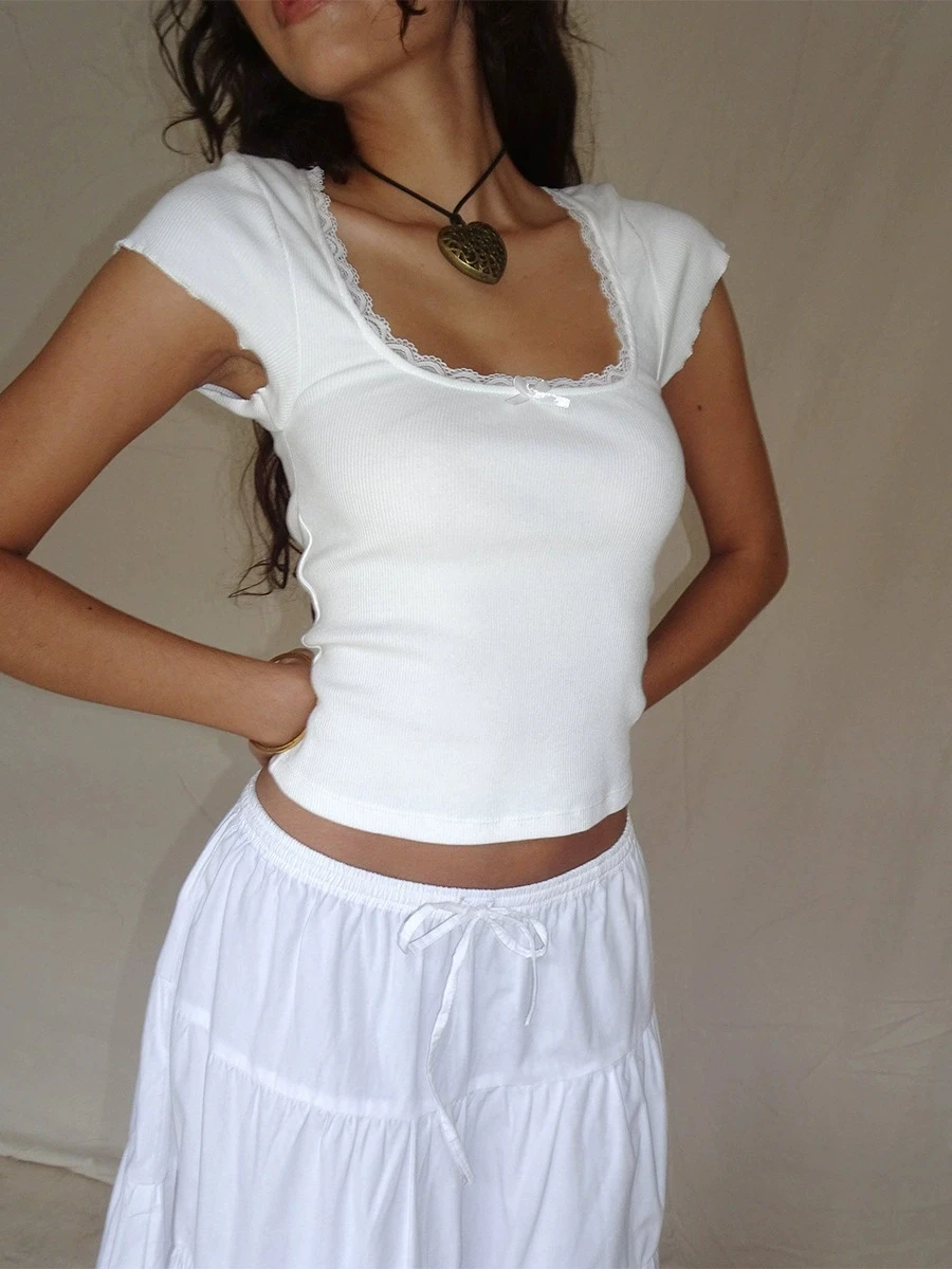 Y2k Vintage Baby T-Shirt Cottage Spitzenbesatz Gestricktes T-Shirt Sommer Square Neck Kurzarm T-Shirt Damen Weiß Milkmaid Crop Top