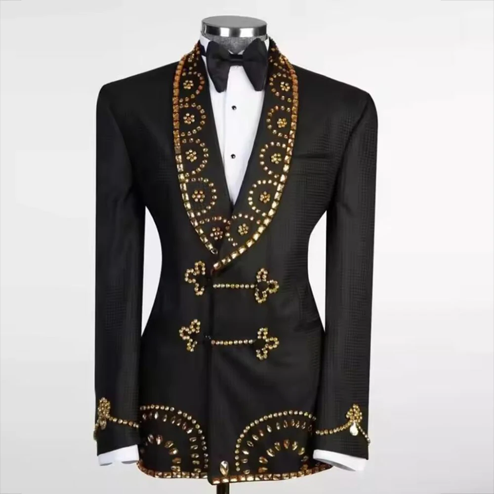 

Metallic Rhinestones Beaded Suits Men Slim Fit Double Breasted Groom Blazers Customized 2 Piece Set Wedding Tuxedos Ropa Hombre