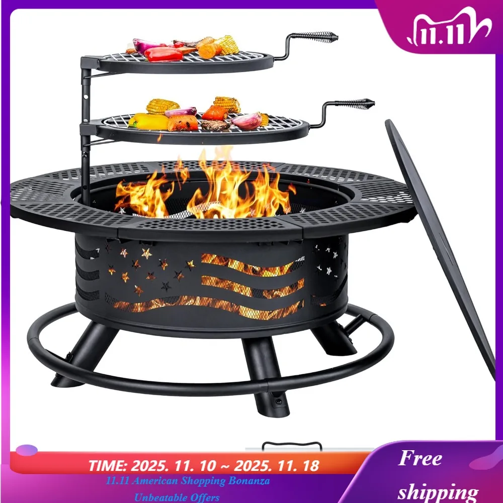 

Fire Pit with 2 Cooking Grates, Outdoor Wood Burning BBQ Grill Firepit Bowl with Cover Lid, Steel Round Table for Backya