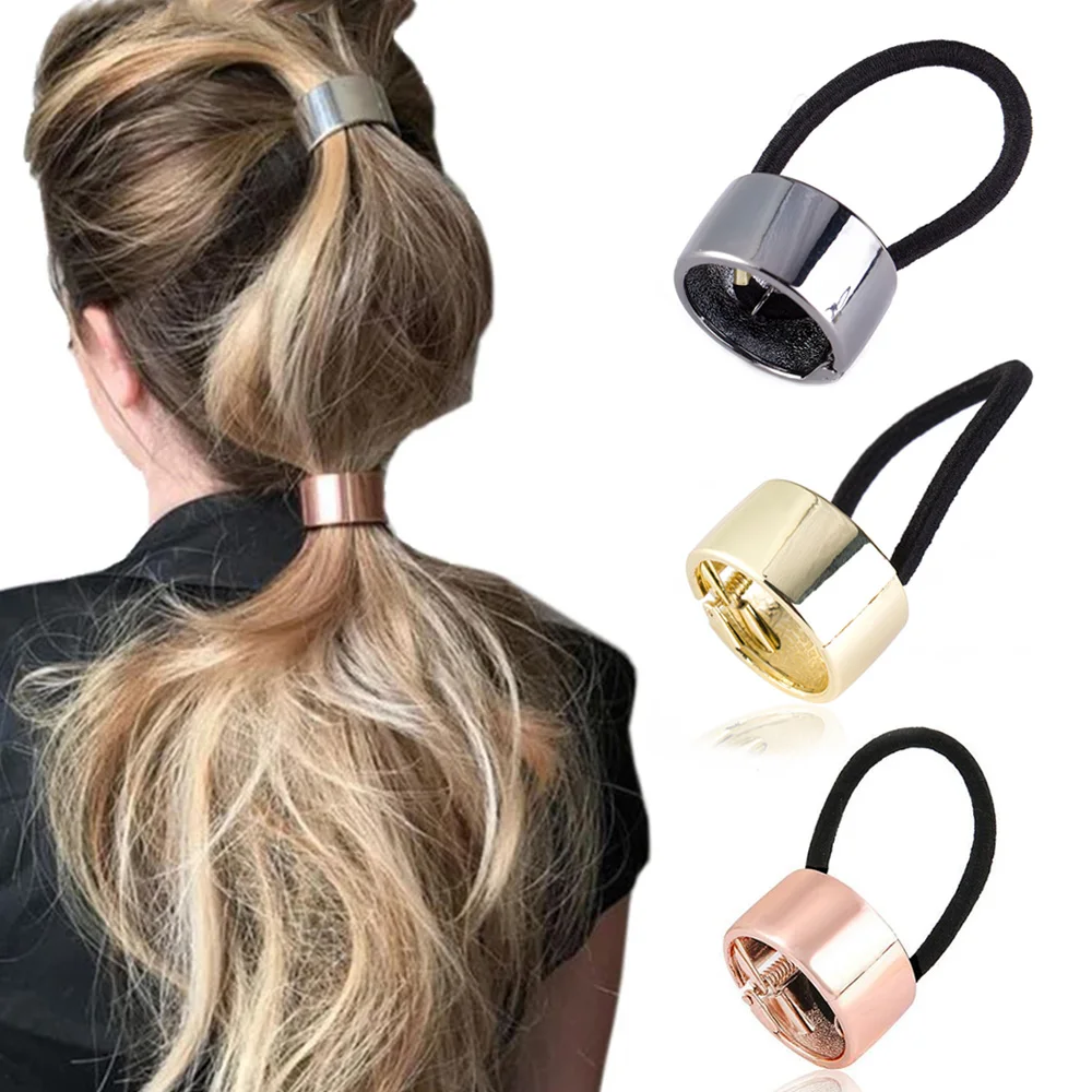 Simple Metal Alloy Opening Elastic Hair Rope Buckle Retro Punk Style Women Ponytail Holder Round Hair Ring Girls Headdress