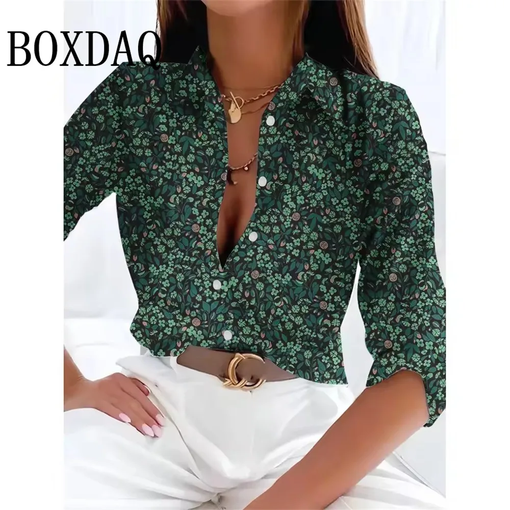 

Leisure Basic Shirts Blouses Women Spring Single-Breasted Tops Oversized Female Clothing Long Sleeve Floral Print Lapel Shirts