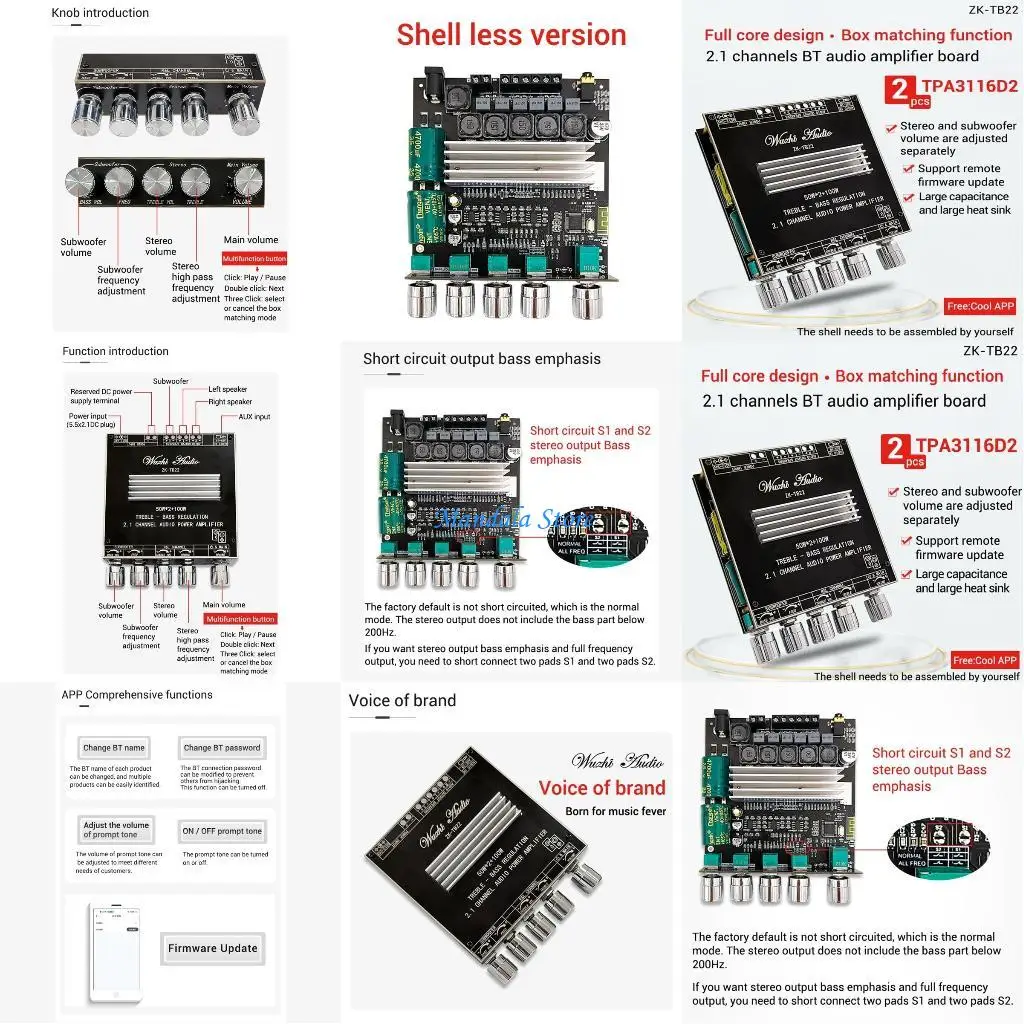 

U2JC TPA3116D2 50WX2+100W BT- 5.1 Subwoofer Amplifier Board 2.1 Channel DC12-24V