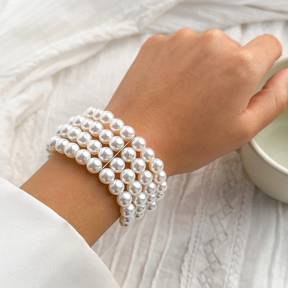 IngeSight.Z Luxury Multilayer Imitation Pearl Beaded Wide Cuff Bracelets For Women Simple Charm Bangles Party Birthday Gifts