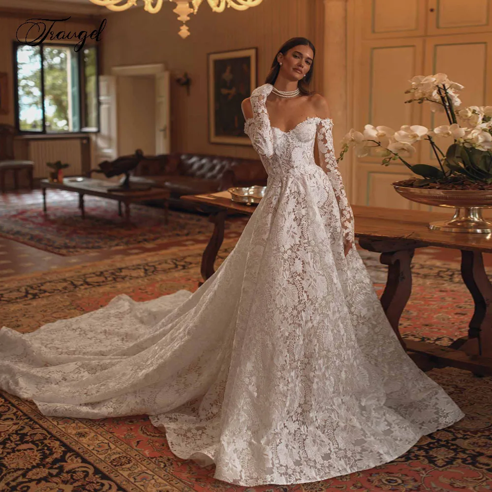 Personalizado fora do ombro sexy a linha vestidos de casamento renda bordado vestido de novia para mulher elegante robe de mariee