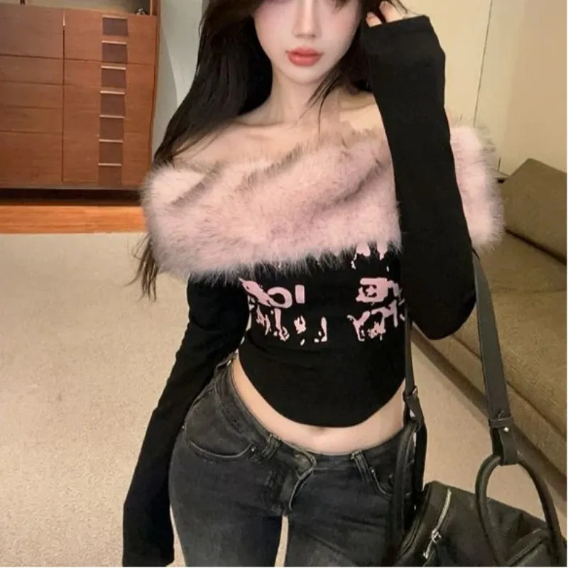 

Gyaru Japanese Fashion Clothing Autumn Winter Women Shoujo Y2k Coquette Blouse Slant Neck T-Shirt Long Sleeve Cropped Tops