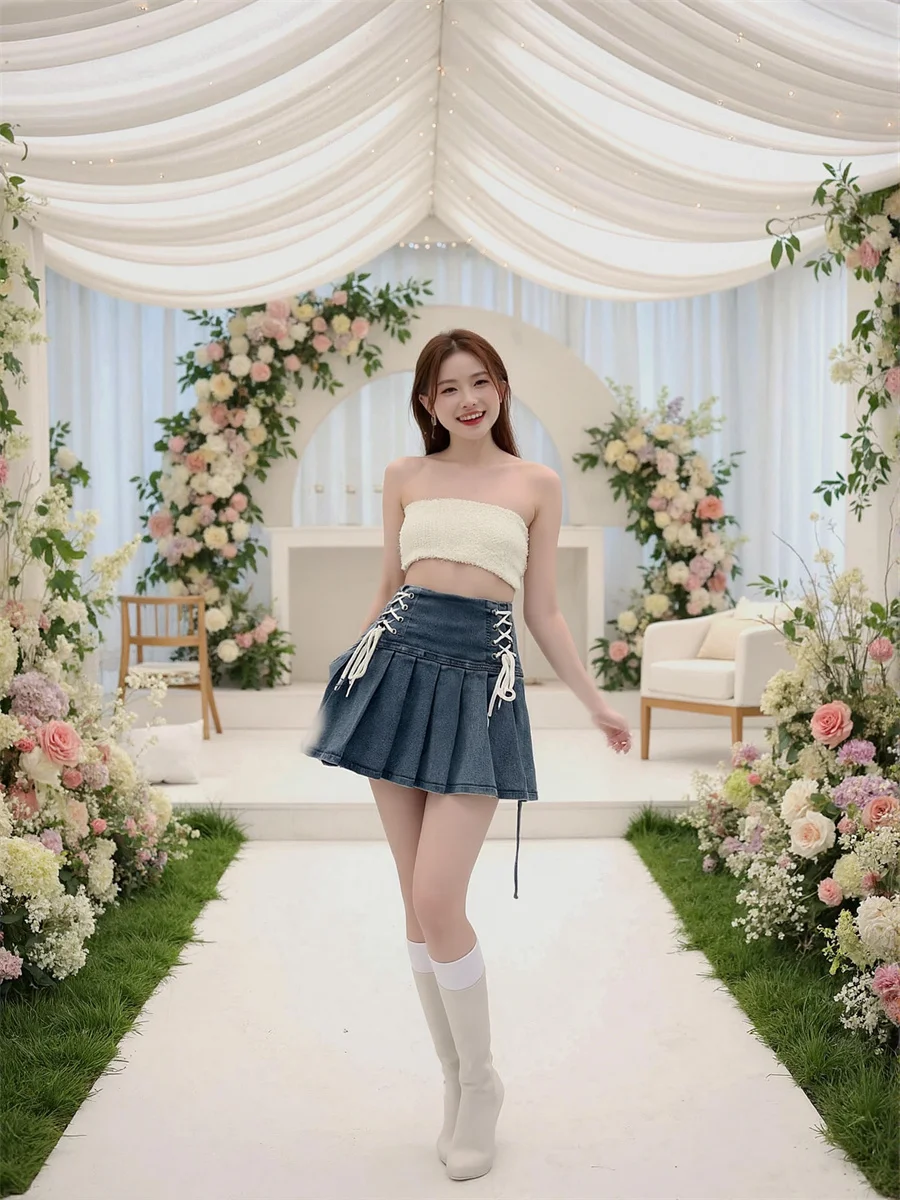 

Denim Lace-up Mini Skirts Womens Fringed High Waist Pleats Ruffle Lining Layered Chic Artistic Patchwork Elegant Festival Skorts