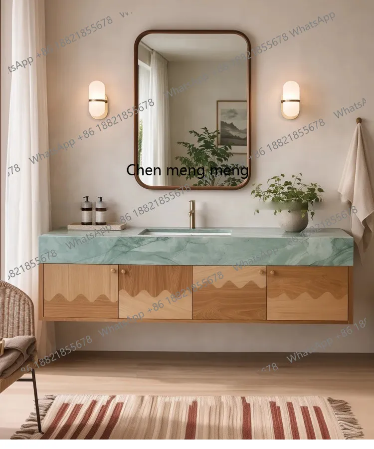 

Комплект мебели для ванной из массива дуба с мраморной столешницей и бесшовной керамической раковиной-умывальником