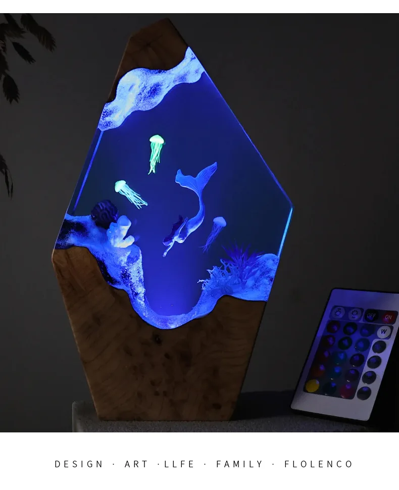 New Solid Wood Ocean Mermaid Jellyfish Remote Control Resin Lamp Home Atmosphere Nightlight Festival Gift