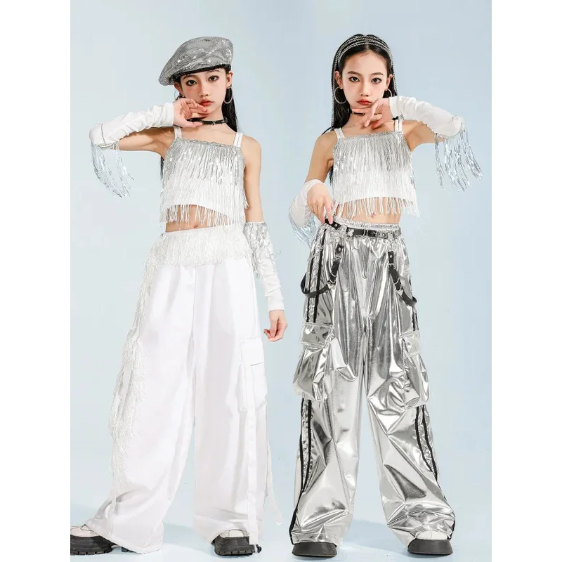 Ropa de Hip Hop para niña, camisetas cortas con lentejuelas, pantalones blancos para niña, pantalones cortos K-pop, ropa de calle para niño, conjunto de ropa de baile de Jazz