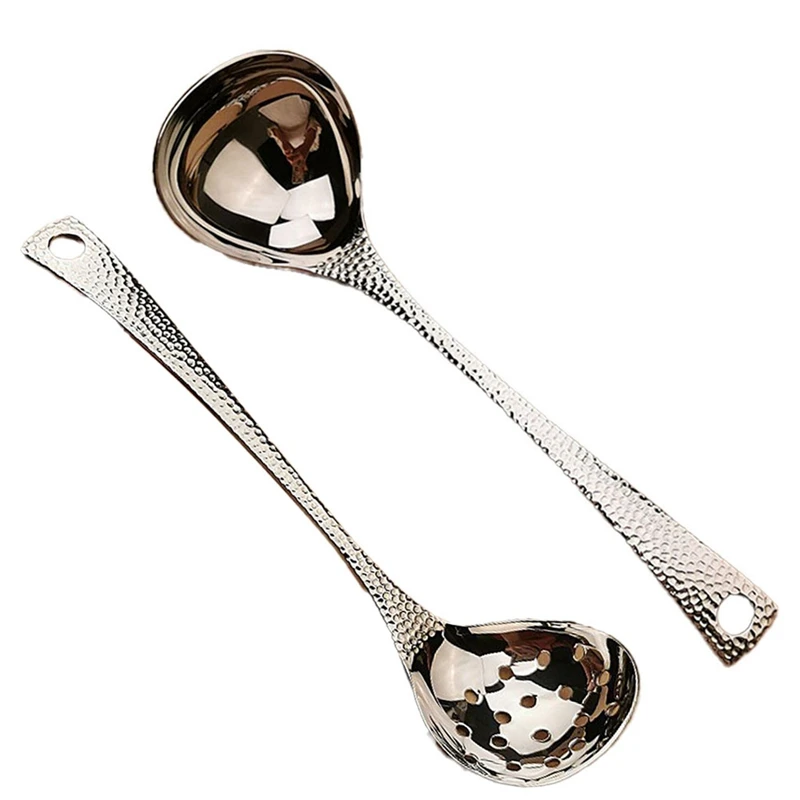 2Pcs Soup Ladles Filtering Ladle Soup Colander Strainer Scoop Skimmer Slotted Spoon Long Handle Stainless Steel Durable