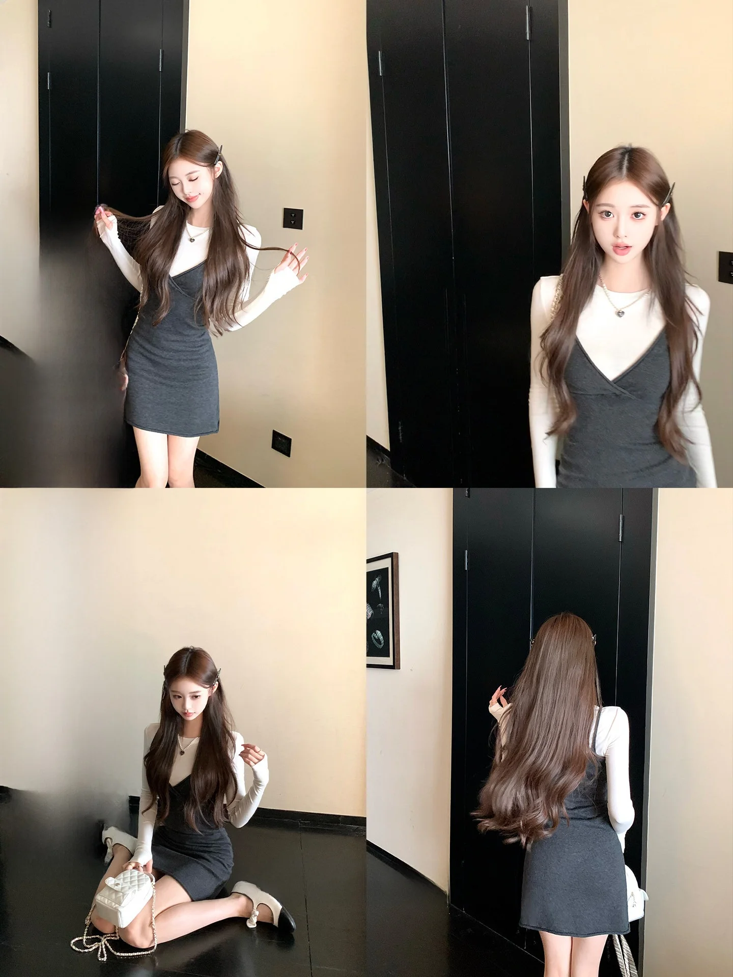 

Knitted Long Sleeve T-Shirt V-Neck round Neck Dress Color Block Set Women's Fashion Spring Outfit Elasticity Micro Stretch