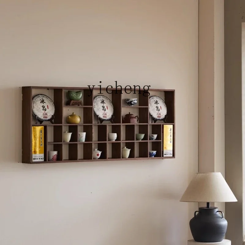 E22  solid wood bogu frame new Chinese style wall hanging Duobao Pavilion tea set storage wall hanging rack