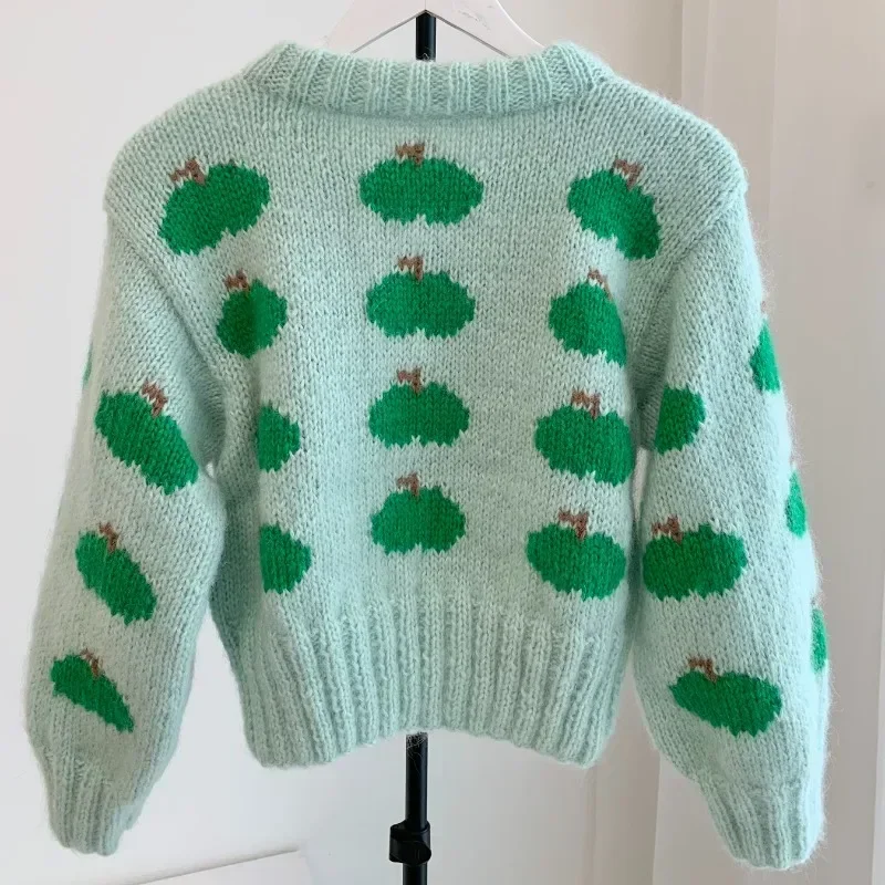 High Quality One Size Woman Handwork Green Apples Long Sleeve Knit Sweater Pullover